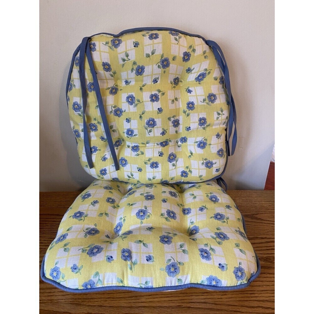 Pfaltzgraff Shelby Chair Pads Cushion Floral Seat Stool Check VTG 90s Blue Yello